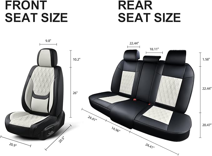 Car Seat Covers Full Set, Breathable Leather Automotive Front and Rear Seat Covers & Headrest, Universal Automotive Vehicle Seat Cover for Most Sedan SUV Pick-up Trucks, Black&Beige