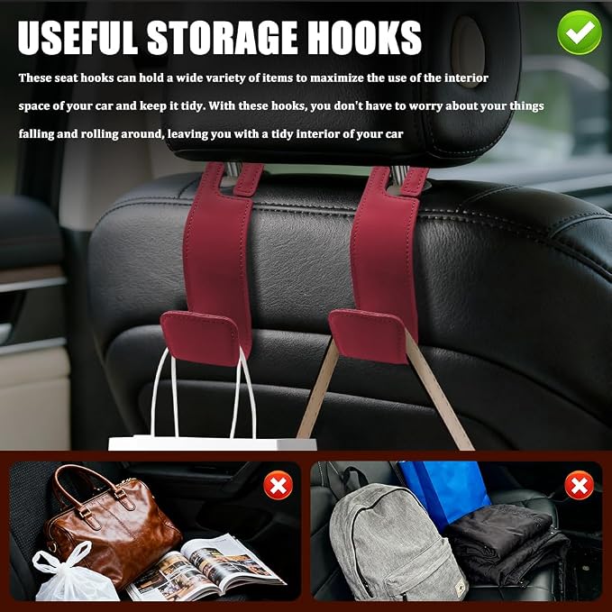 2PCS Car Seat Headrest Hooks, Purse Hook for Car, Automotive Headrest Handbags Holder, Auto Accessories Leather Seatback Organizer Hanger for Hanging Purses Bags Coats (Red, 2PCS)