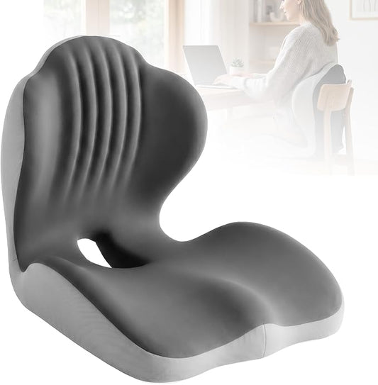 Ergonomic Seat Cushion with Back Support, L-Shaped Memory Foam Seat Cushion with Coccyx Cutout and Non-Slip Base for Office Chair, Car, Truck and Gaming Chair, Black/Gray