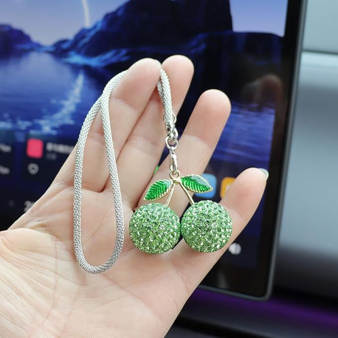 Bling Cherry Car Hanging Ornament, Cute Crystal Rear View Mirror Pendant, Sparkly Diamond Rearview Mirror Charms, Lucky Car Interior Decor Accessories (Green)