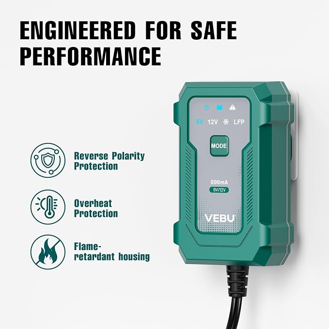 Motorcycle Trickle Charger 800mA Smart Battery Charger & Maintainer - Automatic for 6V/12V Lead Acid/Lithium Batteries, Plug & Play for Car Motorcycle Boat RV
