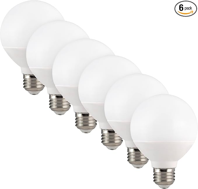 Maxxima G25 Globe LED Light Bulbs, 450 Lumens, 2700K, 40W Equal, 6 Pack | Soft Warm White, E26 Base, Indoor Use Bathroom Vanity Makeup Mirror