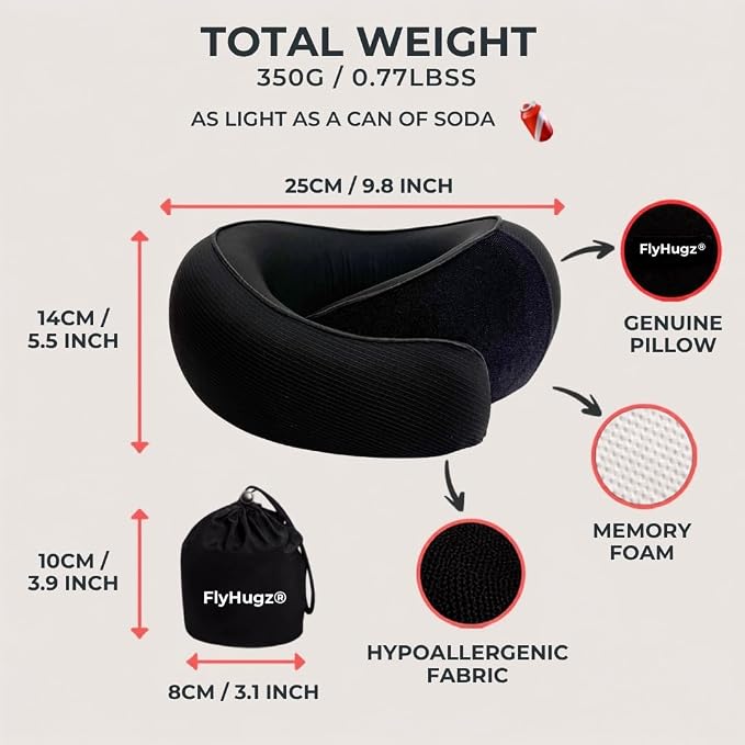 FlyHugz® Neck Travel Pillow Memory Foam Neck Pillow for Comfort on Airplane Compact and Ergonomic Design for Travel, Car Rides, and Home Use Ideal for Adults and Kids. (Midnight Black)