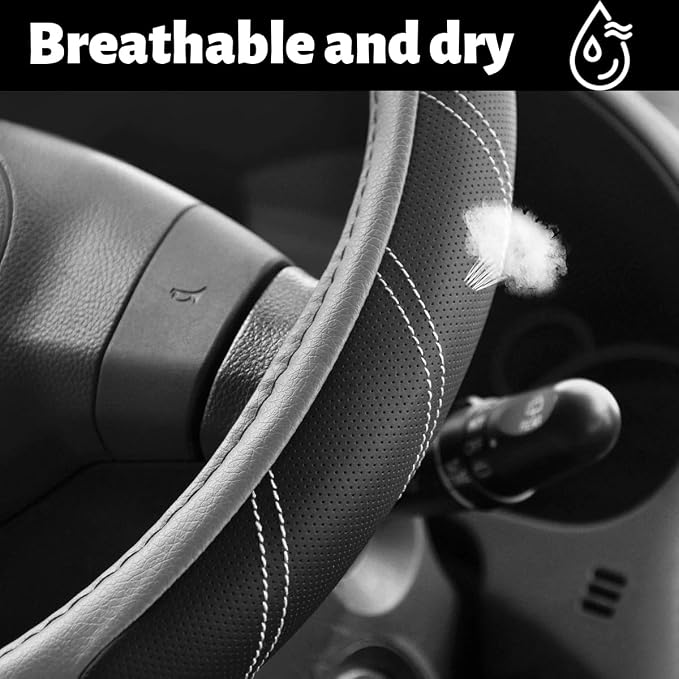 Car Steering Wheel Cover, 15 Inch Leather Breathable Auto Wheel Protection Cover with Non-Slip Lining, Padded Soft Grip Vehicle Steering Protector, Universal Fit (Black/Gray)
