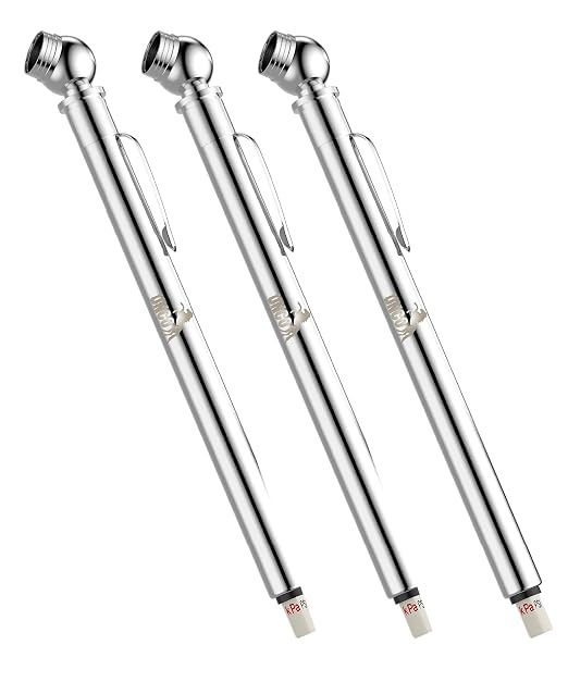 UNCO- Stainless Steel Pencil Tire Pressure Gauge, 3 Pack, 10-50PSI, 10-100PSI, 20-120PSI, Pencil Air Pressure Gauge for Tires with 16 Valve Caps