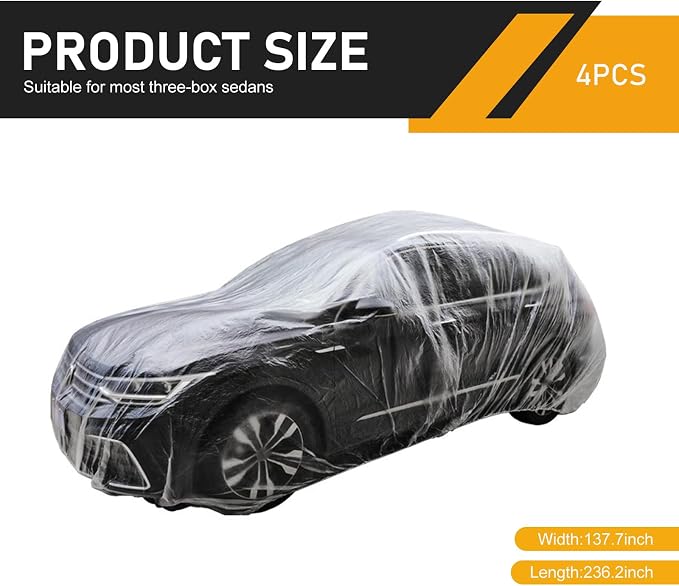1 PC Disposable Car Covers, 11.5 FT x 19.7 FT Clear Plastic Car Cover, Rain Dust Garage Cover with Elastic Band, Universal for Cars Sedans SUVs (Transparent, M)