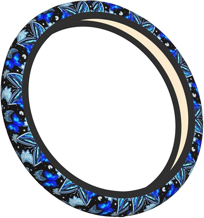 Sparkle Blue Butterfly Steering Wheel Cover for Women Men Girls Car Accessories Decor Anti-Slip Neoprene Auto Steering Wheel Covers Protector Universal 15 Inch