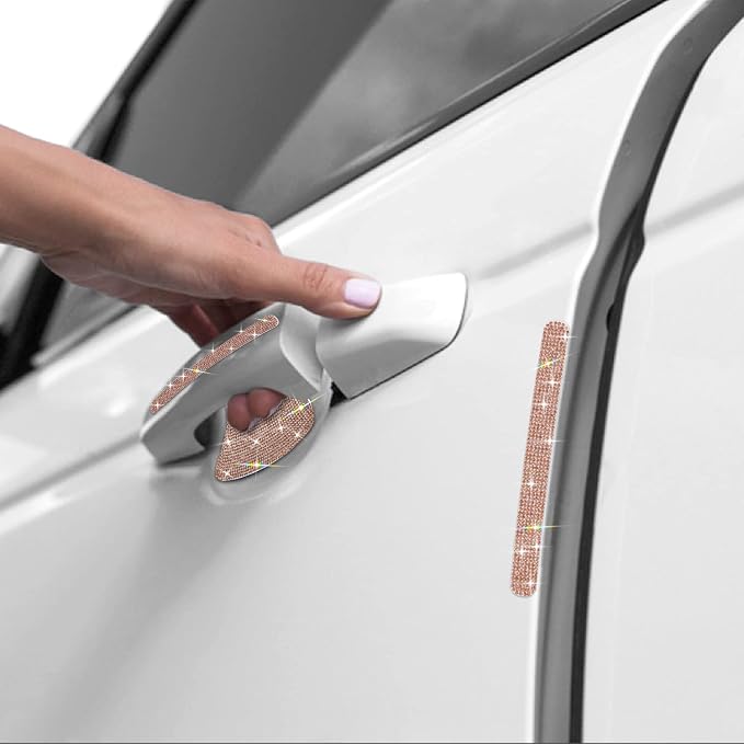 10PCS Car Door Handle Bling Rhinestones Stickers, New Champagne | Universal Auto Door Handle Safety Reflective Strips, Cute Girl's Decoration for Car
