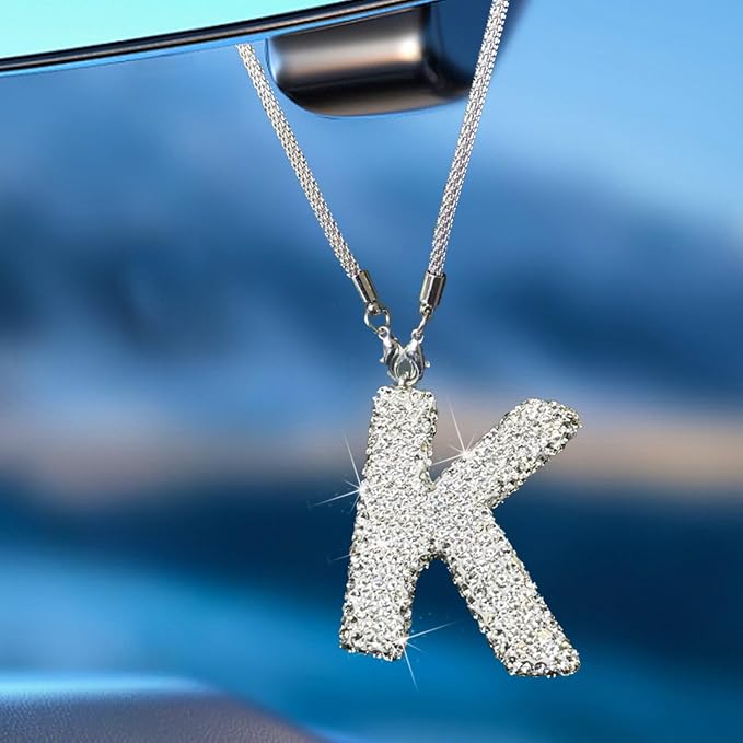 Bling Car Accessories for Women, Letter Charm Rear View Mirror Ornament Cute Hanging Crystal Pendant Girly Car Decorations, Lucky Diamond Rhinestone Car Charm Interior (White K)