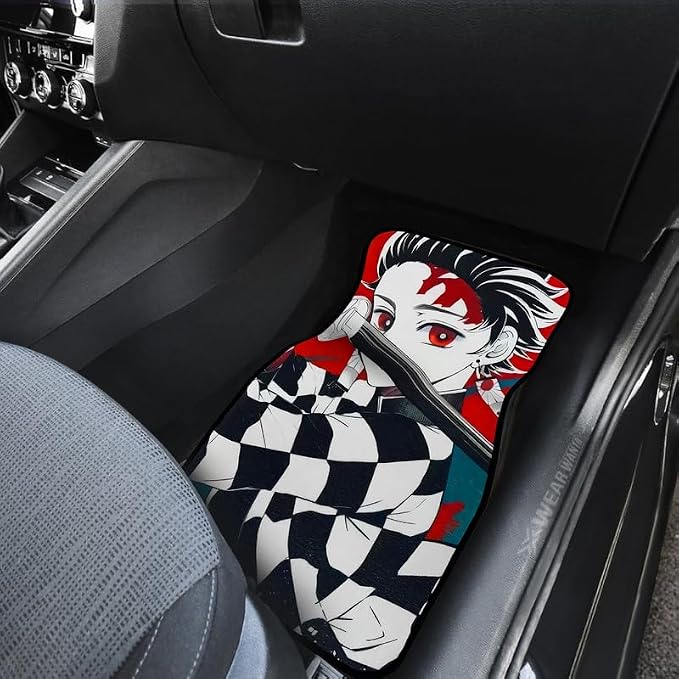 Anime Car Carpet Mat Set of 2 Front, Black Tnjro Design Automotive Accessories Interior All Weather Floor Mats Decor with Non Slip Black Anti Skid Backing