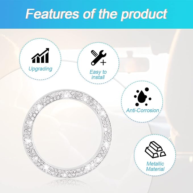 Car Bling Crystal Rhinestone Engine Start Ring Decals, 2 Pack Car Push Start Button Cover/Sticker, Key Ignition Knob Bling Ring, Sparkling Car Interior Accessories for Women (White)