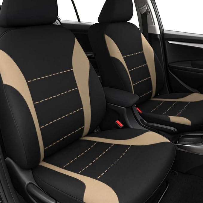 Car Seat Cover Full Set, Fashion Soft Sponge Vehicle Front and Rear Split Bench with Removable Headrest Cover, Breathable Auto Seat Protector, Universal for Truck SUV Sedan (Beige/Black)