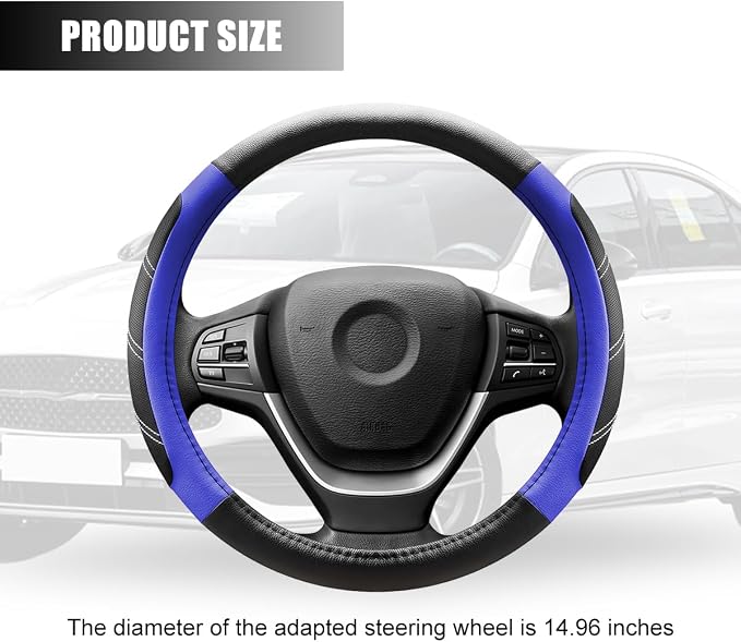 Zpana Car Steering Wheel Cover, 15 Inch Carbon Fiber Leather Non-Slip Steering Wheel Protector with Lining, Breathable Automotive Interior Accessories, Universal for SUV RV Truck (Blue)