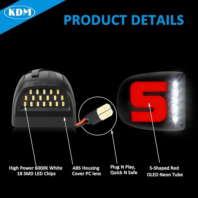 KDM LED License Plate Light with“S”Red Neon Tube fit for 1999-2013 Chevy Silverado GMC Sierra 1500 2500 3500 HD Suburban Tahoe Ca-dillac Escalade EXT Yukon XL,White & Red 2Pcs Pack