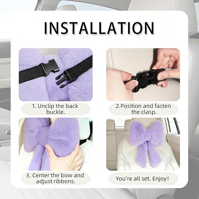 Sexysamba 2 Pcs Plush Bow Car Headrest Neck Pillow Cute Bow Pillow for Car Seat Décor Soft Neck Support for Comfortable Driving Traveling Office Fluffy Head Rest Cushion, Purple