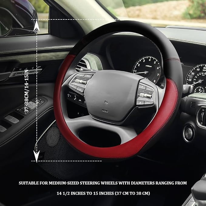 Car Steering Wheel Cover, 15 Inch Napa Leather Car Steering Wheel Protector, Slip-Resistant Elastic Steering Wheel Handle Cover, Universal Interior Accessories for Cars Trucks SUVs (Wine Red)