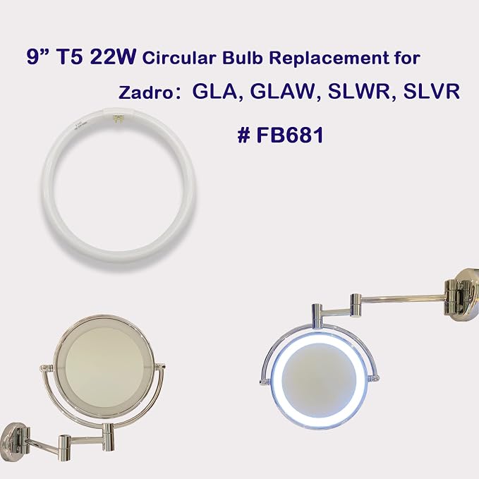 9 inch (FB681) T5 Circular Bulb Replacement for Zadro GLA, GLAW, SLWR, SLVR Makeup Mirror,22W Fluorescent Bulb,G10q 4 Pin Inward, 6500K Daylight lamp, Soft White,(9'' T5 22W)