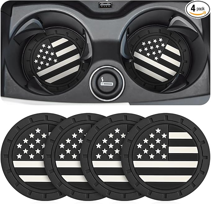 Osilly Car Cup Holder Coasters, 4 Pack American Flag Insert Car Cup Coaster, 2.75 Inch PVC Anti Slip Shockproof Embedded Drink Mat, Car Interior Decoration Accessories for SUV, Truck (Black)