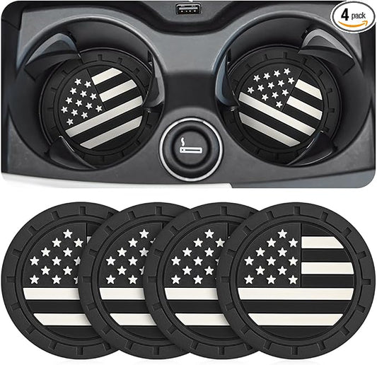 Osilly Car Cup Holder Coasters, 4 Pack American Flag Insert Car Cup Coaster, 2.75 Inch PVC Anti Slip Shockproof Embedded Drink Mat, Car Interior Decoration Accessories for SUV, Truck (Black)