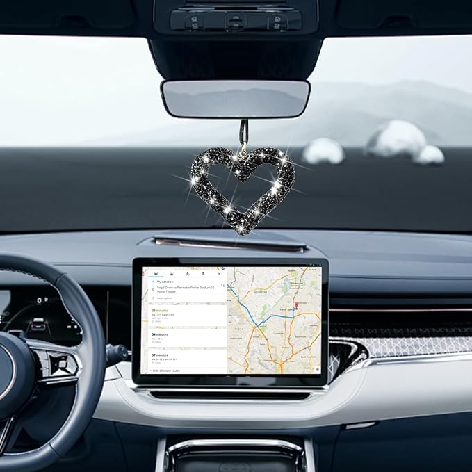 Mandark Bling Heart Car Hanging Accessories, Crystal Rhinestone Vehicle Rear View Mirror Charm Pendant Ornaments, Cute Diamond Auto Interior Hanger Decoration for Women Girls（Black）