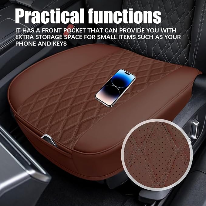 Leather Front Car Seat Cover, Anti-Slip Car Seat Bottom Covers, Full Wrapped Bottom Seat Protectors with Storage Pocket, Universal Comfortable Seat Cushion Fit Vehicles SUVs Trucks (Coffee)