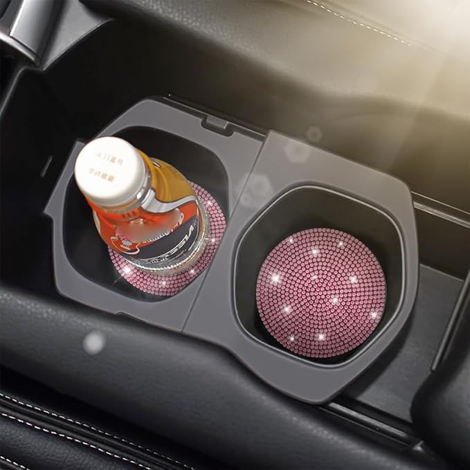 Osilly Bling Car Cup Holder Coaster, 2 Pack Crystal Rhinestone Anti-Slip Insert Coasters, Universal 2.75 Inch Fashion Automotive Cup Mat, Car Interior Accessories Decor Gifts for Women (Pink)
