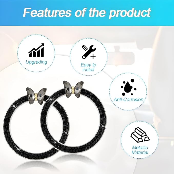 2PCS Bling Car Engine Start Stop Decoration Ring, Crystal Rhinestone Auto Push Start Button Ignition Ring Sticker, Vehicle Decor Accessories for Women Girls, Universal for Vehicles (Black)