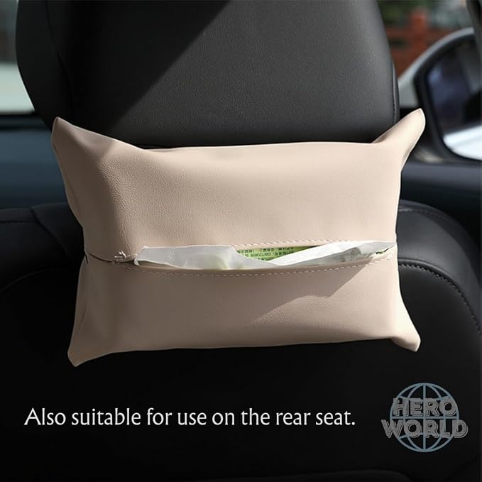 Car Tissue Holder – PU Leather Tissue Case for Console, Sun Visor & Headrest, Fits 10” Soft Pack Tissues (Wine Red)