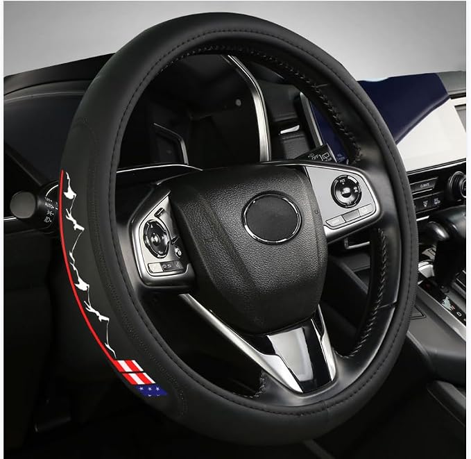Premium Leather American Flag USA Steering Wheel Cover Universal 14.5-15inch Compatible with Car Truck SUV