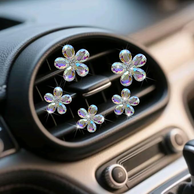 Zpana Bling Daisy Flower Car Air Vent Clips, 5PCS Sparkling Crystal Rhinestone Cute Vehicle Air Conditioning Clamp, Diamond Auto Air Outlet Clip Decor for Women Girls, Universal Fit (Multicolor)