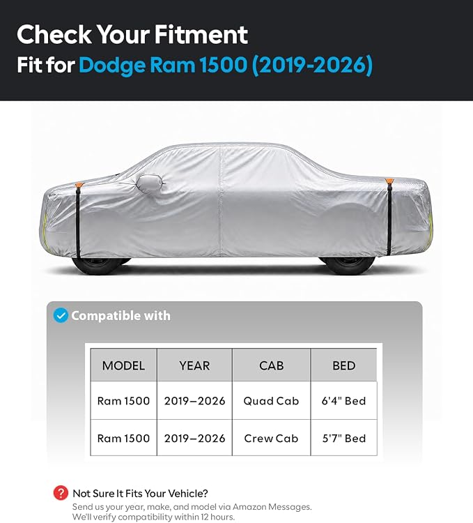 Wigoo Dodge Ram 1500 Truck Car Cover Accessories 2019-2026, Custom Fit Waterproof All Weather Outdoor Full Pickup Cover, Windproof UV Rain Snow Dust Protection, Door Zipper, Reflective Strips
