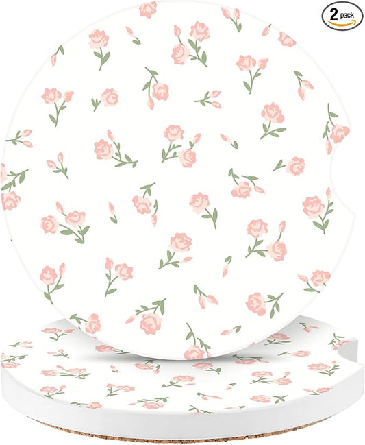 Vintage Flowers Car Coasters,Absorbent 2 Pack for Cup Holders with Finger Notch,2.56 inches Ceramics Heat Resistant Anti Slip Cork Base Car Drinks Coasters Auto Cup Holder