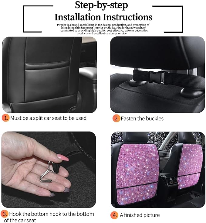 Bling Kick Mats for Car Seats with Pockets – Crystal Diamond Protectors for Girls & Women, Easy-to-Install Backseat Kick Mats with Storage & Sparkling Rhinestones Pink 2pcs