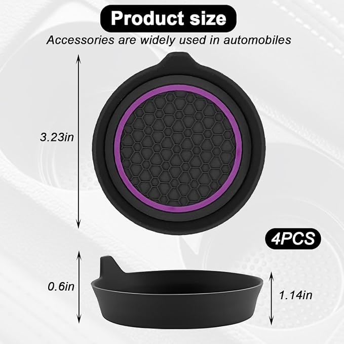 HZEL Car Cup Holder Coasters, 4PCS Non Slip Waterproof Vehicle Water Bottle Pads, Recessed Automotive Interior Drink Mat Decoration Accessories, Universal for SUV Sedan Truck (Purple/Black)