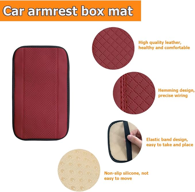 8sanlione Car Armrest Storage Box Mat, Fiber Leather Car Center Console Cover, Car Armrest Seat Box Cover Accessories Interior Protection for Most Vehicle, SUV, Truck, Car (Wine Red)