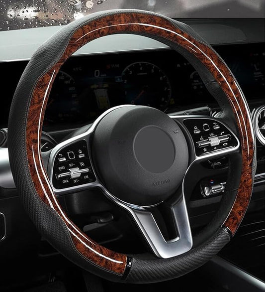 Peach Wood Grain Steering Wheel Cover Anti-Slip Breathable Durable Leather Four Seasons Universal 15 Inch Car Wrap Cover (Coffee)