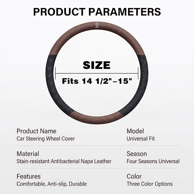 Ultra-Thin Napa Leather Steering Wheel Cover, 15 Inch | Universal fit for most cars and SUVs; two-tone breathable non-bulky cover with 3D anti-slip diamond grip