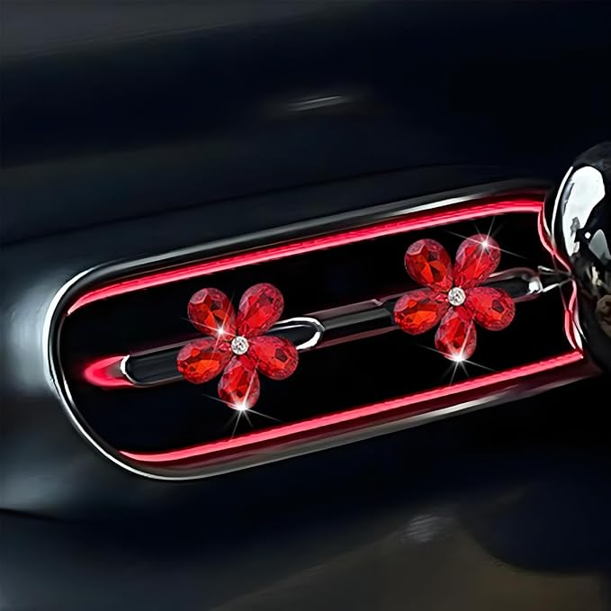 Zpana Bling Daisy Flower Car Air Vent Clips, 5PCS Sparkling Crystal Rhinestone Cute Vehicle Air Conditioning Clamp, Diamond Auto Air Outlet Clip Decor for Women Girls, Universal Fit (Red)