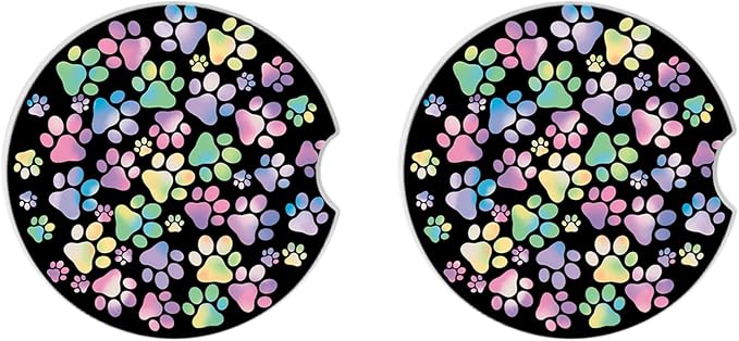 2 Pack Absorbent Car Coasters for Cup Holders,Gradient Colorful Dog paw Print Ceramic Coasters with Cork Back and Finger Slot,2.56" Auto Accessories for Women & Men.