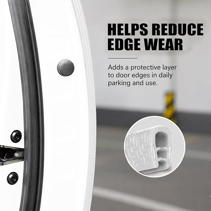 16.4 Ft Rubber Car Door Edge Guards, U Shape Edge Trim, White | Flexible profile, cut to fit, parking ding shield, push on setup, fits most sedans SUVs trucks, automotive accessories