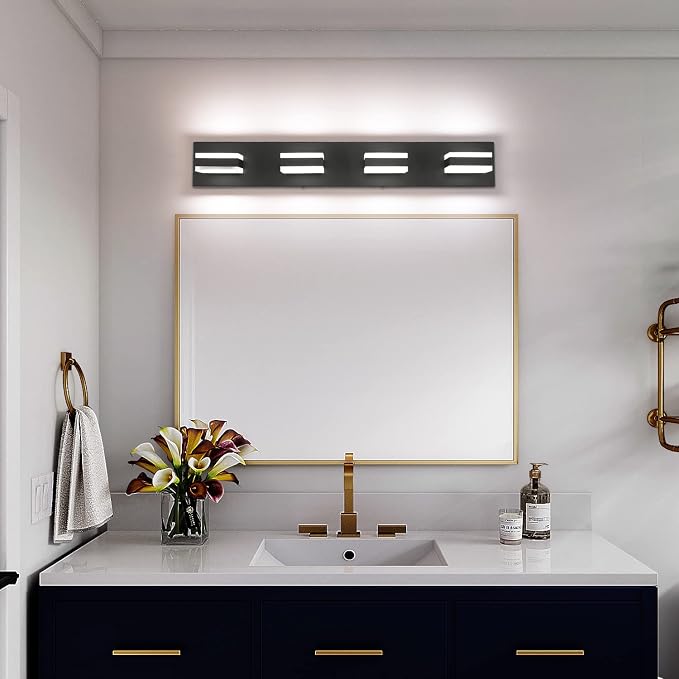 SOLFART Black Bathroom Light Fixtures 4 Lights Bathroom Vanity Light LED Dimmable Matt Black Vanity Lights 32W Cool White 6000K & 0%-100% Brightness Dimmable ETL Listed