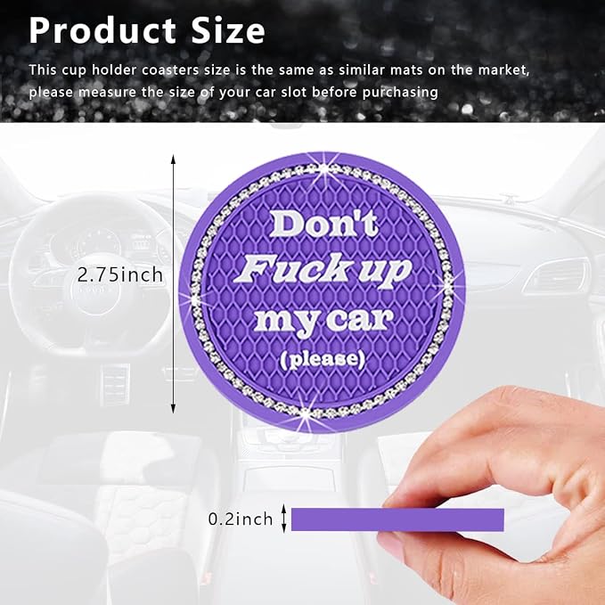 Ziciner 2 Pack Bling Car Cup Holder Coasters with Start Stop Button Cover, 2.75 inch Crystal Rhinestone Soft Rubber Auto Cup Insert Pad, Non-Slip Universal Vehicle Interior Accessories (Purple)