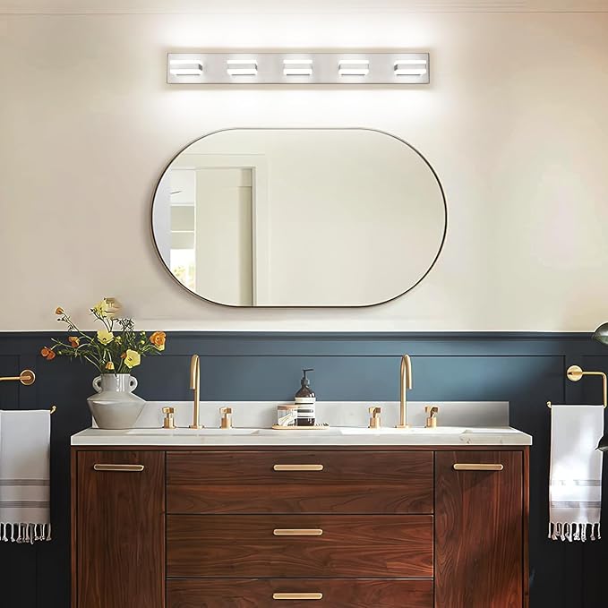 SOLFART Bathroom Brushed Nickel Bathroom Light Fixture, Vanity Lights Over Mirror, 5 Light Led Lights for Bathrooms,5 Color Temperature Adjustable Vanity Lights for Bath Nickel ETL Listed