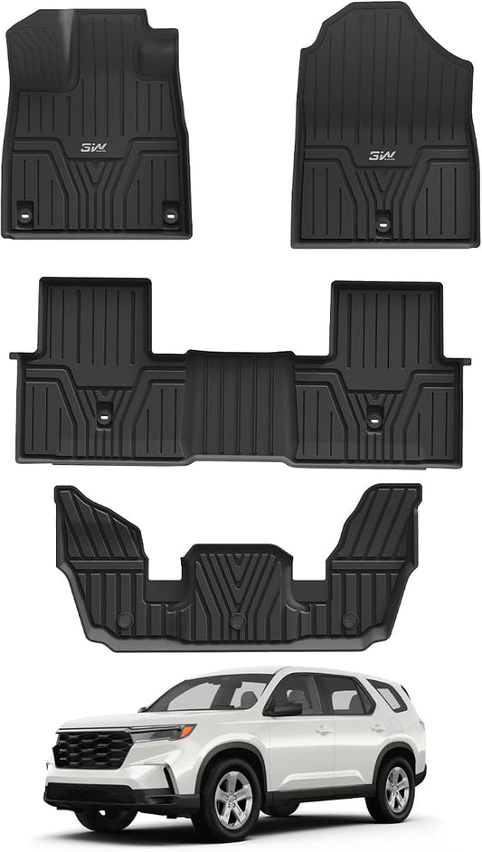 3W Floor Mats Fit for 2026 2025 2024 2023 Honda Pilot, Custom Fit Floor Liner for 1st 2nd and 3rd Row Full Set TPE All-Weather Car Liners, Black