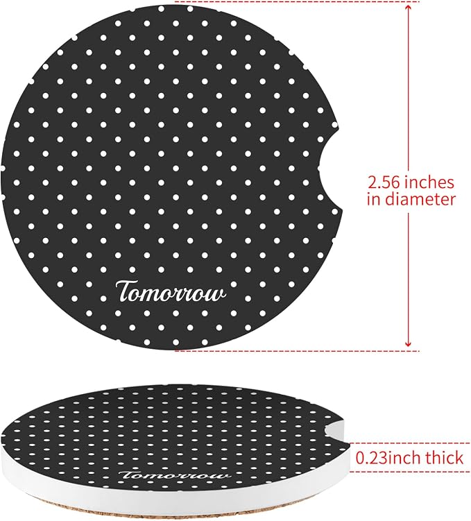 Cute Fashion Polka Dot Car Coasters 2 Pack for Cup Holders, 2.56 Inch Finger Notch Retro 70's Style Ceramics Heat Resistant Anti Slip Cork Base Car Drinks Coasters Auto Accessories-Black