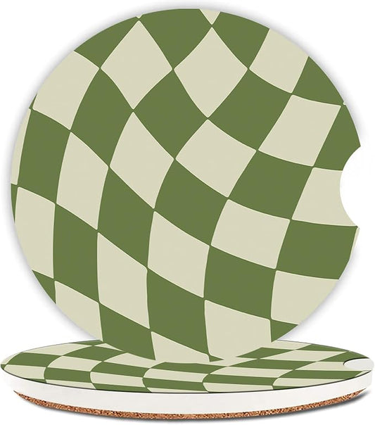 Wave Green Chekerd Car Coasters for Cup Holder Absorbent Ceramic Cup Coaster 2 Pack Anti Slip Car Interior Accessories with Finger Notch Cork Base for Women Men 2.56"