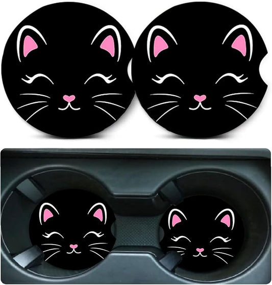 2 Pack Black Cat Car Cup Holder Coasters Universal Neoprene Coasters | 2.75" Universal Size Anti Slip Rubber Mat, Auto Cup Holder Accessories for SUV Truck, Cat Gifts for Pet Lover Women Men Mom