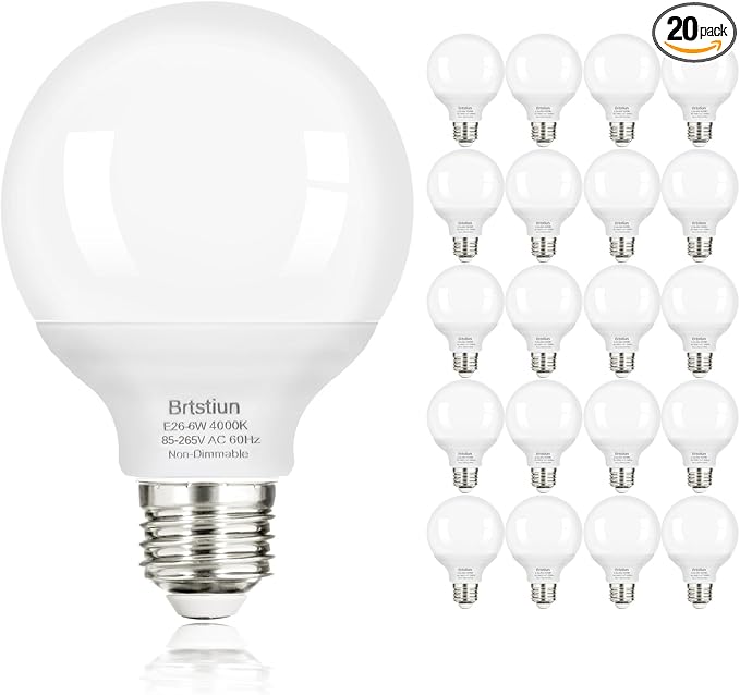 Brtstiun G25 LED Globe Light Bulbs, Round Vanity Light Bulbs for Bathroom, 40W Equivalent, Cool White 4000K, E26 Base, 600LM, Non-Dimmable, 20-Pack