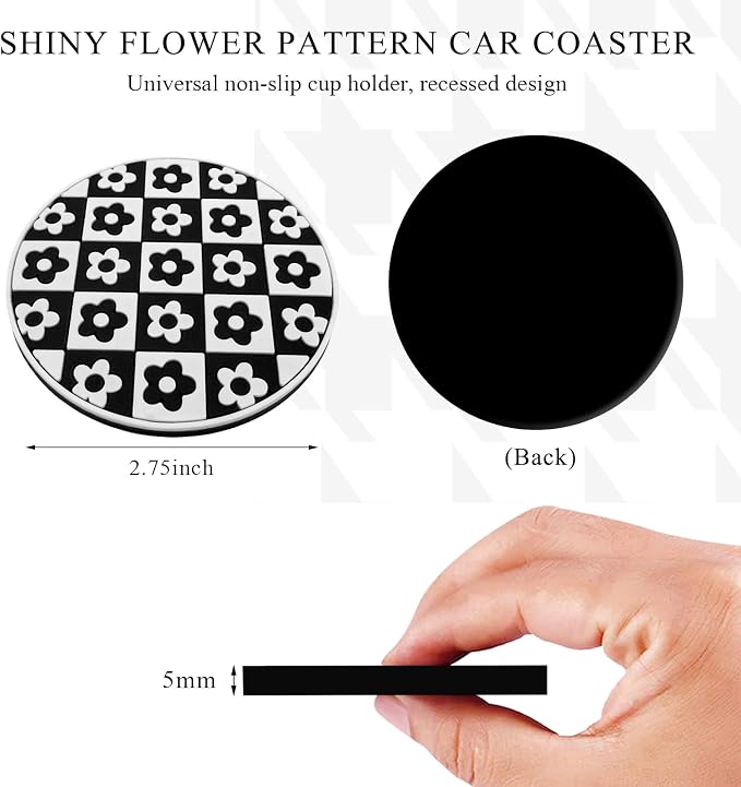 DXNQ 4 PCS Car Cup Coasters, 2.76 Inch Anti-Slip Checkered Vehicle Cup Holder Insert Coasters, Auto White & Black Drink Cup Mats for Front Console Cup Holders, Car Accessories (Flower)