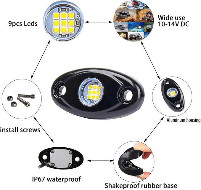 Blue Underglow Led Rock Lights for Car, Wheel Well Lights, 12V 4 Pods | Waterproof Underbody Kit Crawler Crawling Dome Exterior Lamps for ATV RZR UTV SUV Off-Road Motorcycle Glow Trail Rig Fender
